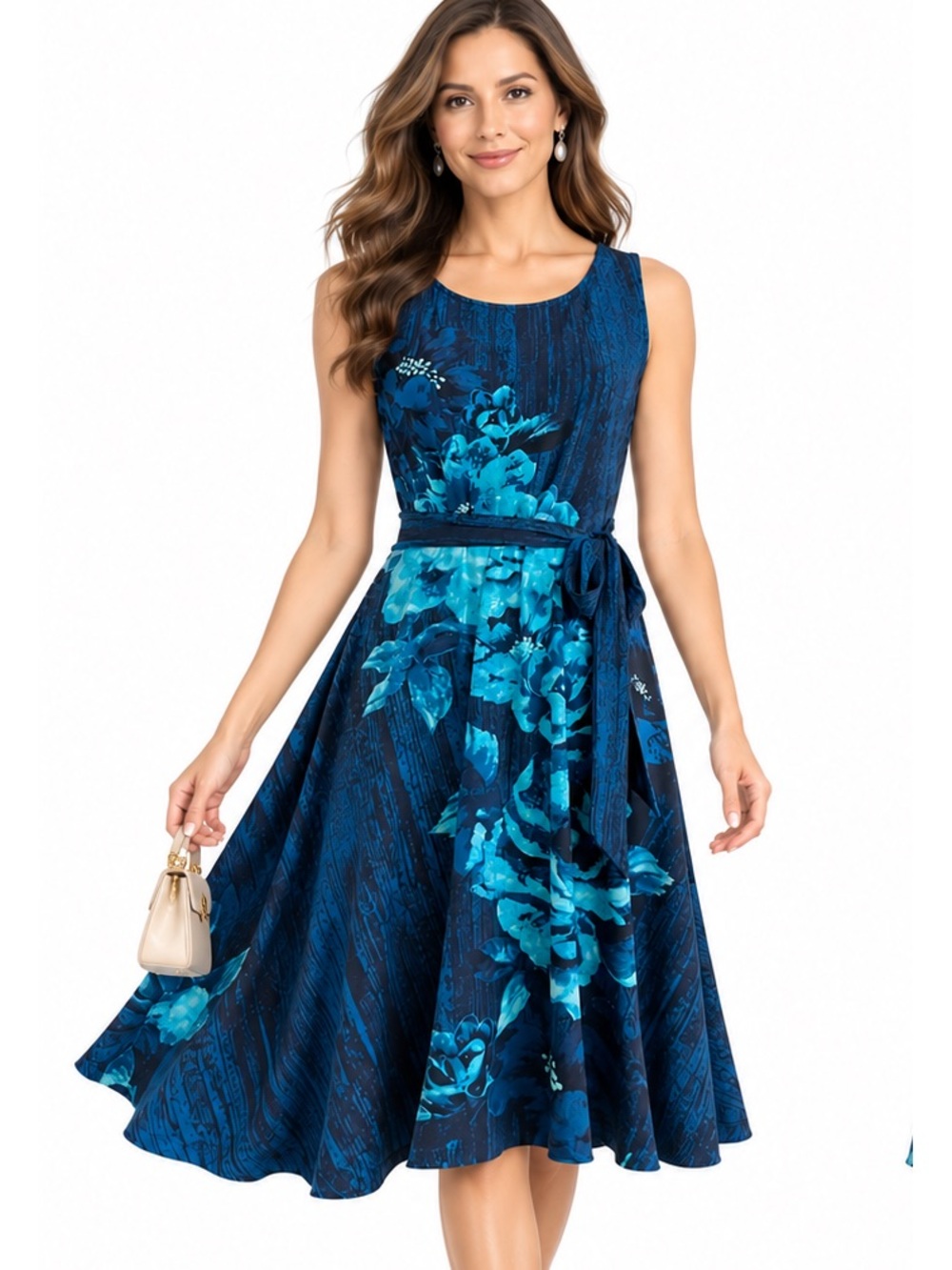 Soma Blue Floral Sleeveless Fit & Flare Dress M Tie Waist Stretch Knit comfy lux
